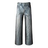 Men’s Light Blue Wide Leg Jeans with Faux Croc Leather Coating Effect and Vintage Washed Street Style 102