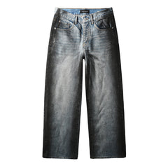 Men’s Light Blue Wide Leg Jeans with Faux Croc Leather Coating Effect and Vintage Washed Street Style 102