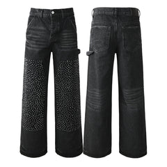 Men's Wide Leg Black Denim Jeans with Studded Front Panels and Streetwear Workwear Inspired Design 104