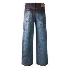 Mens Wide Leg Jeans Blue Denim with Dark Gradient Glossy Finish Vintage Streetwear Style 109