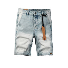 Men Streetwear Denim Shorts Light Washed Blue with Graphic Patch and Relaxed Fit 2005