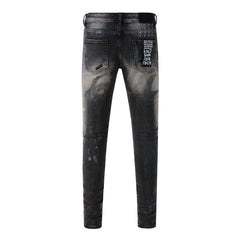 Street Style Black Ripped Jeans with Frayed Knee Accents 3027