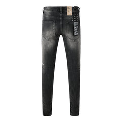 Edgy Streetwear Men’s Black Ripped Jeans with Graphic Back Print and Natural Fade Effect for Everyday Looks 3035