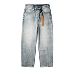 Men Streetwear Jeans Light Blue Washed with Cross Stitch Detail and Graphic Back Pocket Patch 3042
