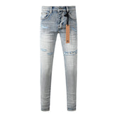 Men's Light Blue Slim Fit Distressed Jeans with Decorative Stitching, Graphic Patchwork, and Urban Street Style 3047