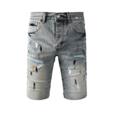 Men’s Light Blue Paint Splatter Denim Shorts with Distressed Streetwear Look 5101