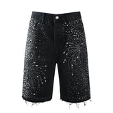 Men’s Black Rhinestone Denim Shorts with Firework Crystal Design 5103