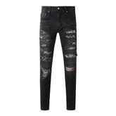 Men's Tight Fit Black Jeans with Paisley Patches and Distressed Details (669-8669)