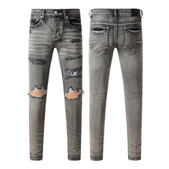 Men Classic Streetwear Jeans Distressed Black Grey Ripped Skinny 9068