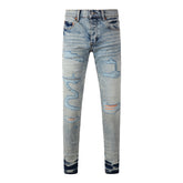 Men Streetwear Jeans Distressed Light Blue Abstract Ripped Skinny 9093