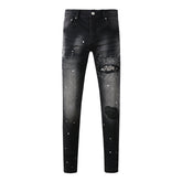 Men Streetwear Jeans Distressed Black Paint Splash Patch Ripped Skinny 9099