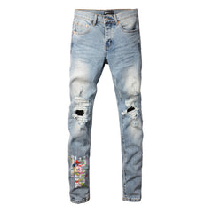 Men Streetwear Jeans Light Blue Ripped Graffiti Print Distressed Skinny 9101