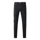 Men Distressed Black Skinny Jeans with Heavy Ripped Design and Grunge Streetwear Vibe 9108