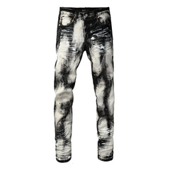 Men Streetwear Skinny Jeans Black and White Graffiti Wash with Multi Color Paint Splash PU9111