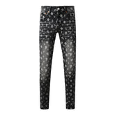 Men Classic Street Skinny Jeans Dark Grey Monogram Print All Over Distressed Style PU9112
