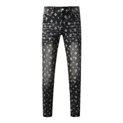Men Classic Street Skinny Jeans Dark Grey Monogram Print All Over Distressed Style PU9112