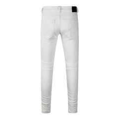 Men Designer Streetwear Skinny Jeans Solid White with 3D Embossed Monogram Pattern PU9113
