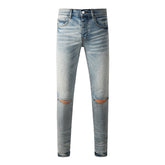 Men Streetwear Skinny Jeans Light Blue with Rhinestone Studs and Distressed Details PU9119