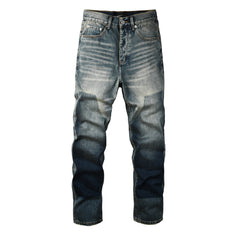 Men Vintage Streetwear Straight Jeans Blue Washed with Whisker Fade and Contrast Panels PU9120