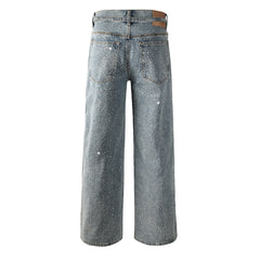 Mens Y2K Inspired Jeans Relaxed Fit with Crystal Embellishment and Unique Tie Strap Decoration 9129