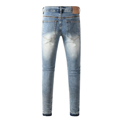 Mens Light Blue Skinny Jeans with Crystal Cross Design and Allover Rhinestone Embellishment 9132