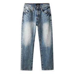 Stylish Blue Denim Jeans Men Straight Leg Pants with Sunburst Embroidery 9138