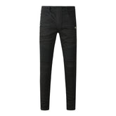 Tapered Fit Black Moto Jeans Featuring Articulated Knee Stitching and Sleek Contemporary Look 964