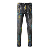 Fashionable Black Jeans with Bold Colorful Paint and Graffiti Detailing 9078
