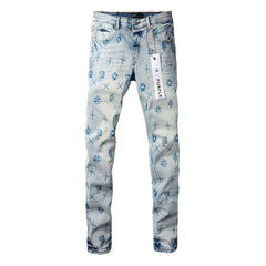 Trendy Blue Denim Pants 9063 with Unique Print Details for a Fashion Forward Look