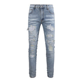 Men's Slim Fit White Jeans with Rhinestone Patches and Distressed Design 6808