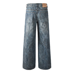 Streetwear Men’s Loose Fit Blue Jeans with Unique Leopard Leaf Patterned Wash for Retro Urban Style 100