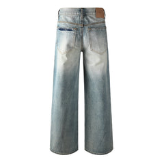 Men’s Light Blue Wide Leg Jeans with Shiny Textured Grid Finish Vintage Street Loose Denim Pants 103