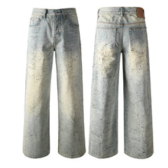 Mens Light Blue Wide Leg Jeans Loose Fit Vintage Wash with Abstract Pattern Streetwear 107