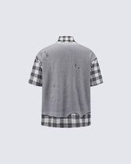 Patchwork Distressed Plaid Layered Knit T-Shirt