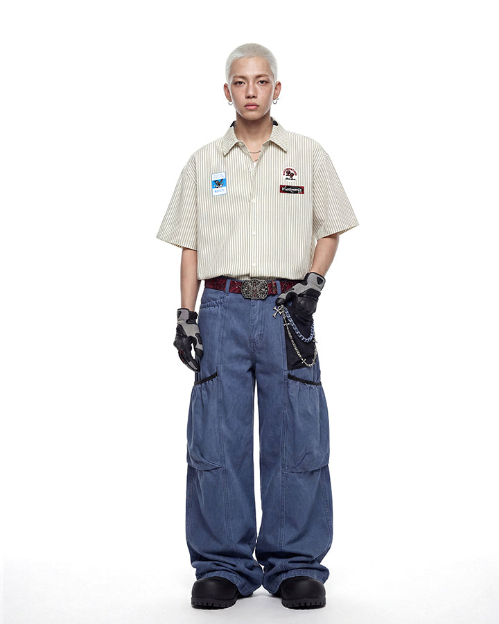 Y2K Embroidered Patch Print Turn-Down Short Sleeve Shirt