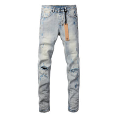 Casual Light Blue Jeans with Frayed Rips 3006