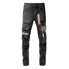 Distressed Black Jeans with Bold Square Patch Details 3021
