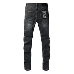Distressed Black Jeans with Bold Square Patch Details 3021