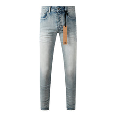 Men Streetwear Jeans Light Blue Washed with Clean Look and Graphic Back Pocket Patch 3032