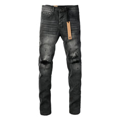 Men Streetwear Jeans Washed Black with Ripped Knees Paint Splatter and Graphic Patch 3034