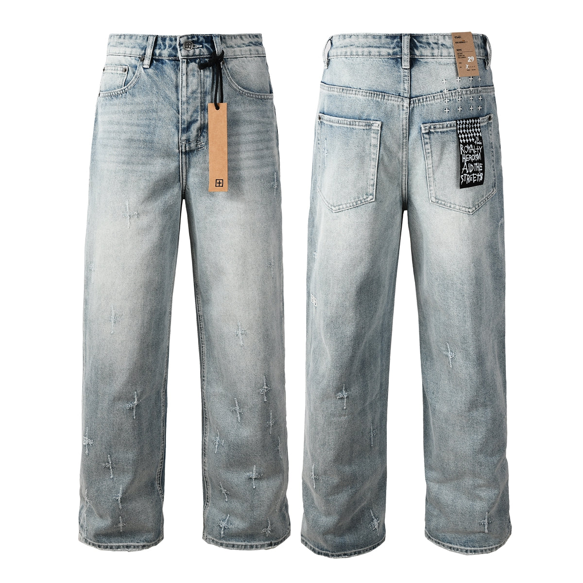 Men Streetwear Jeans Light Blue Washed with Cross Stitch Detail and Graphic Back Pocket Patch 3042