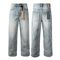 Men Streetwear Jeans Light Blue Washed with Cross Stitch Detail and Graphic Back Pocket Patch 3042