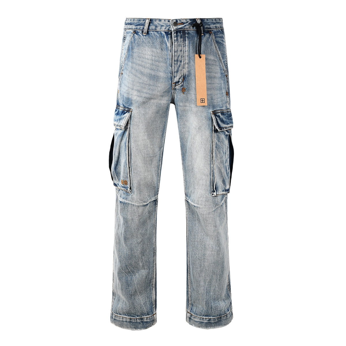 Y2K Style Baggy Light Blue Washed Cargo Jeans with Patchwork Pockets and Graffiti Print 3043