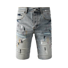 Men’s Light Blue Paint Splatter Denim Shorts with Distressed Streetwear Look 5101