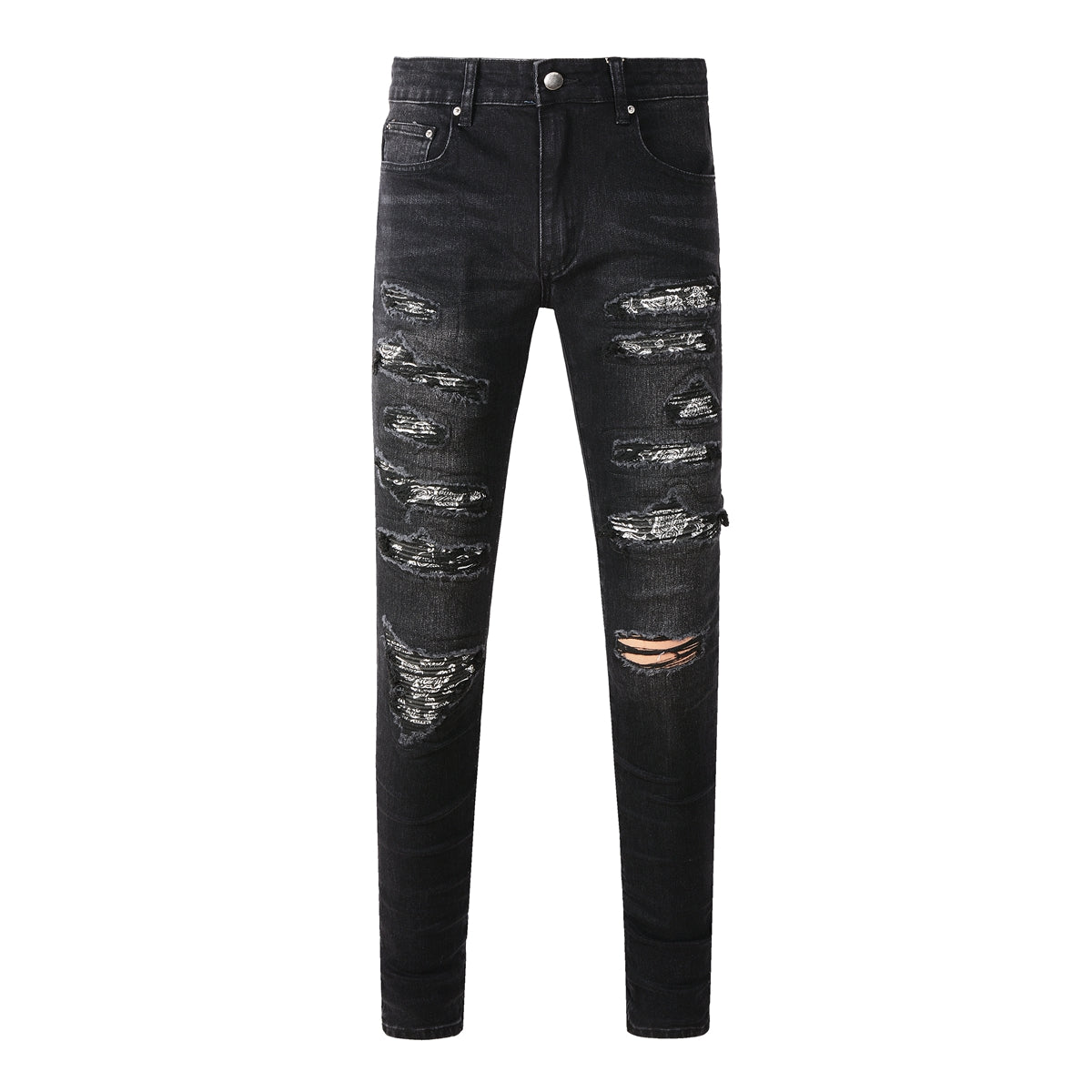 Men's Tight Fit Black Jeans with Paisley Patches and Distressed Details (669-8669)