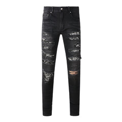 Men's Tight Fit Black Jeans with Paisley Patches and Distressed Details (669-8669)