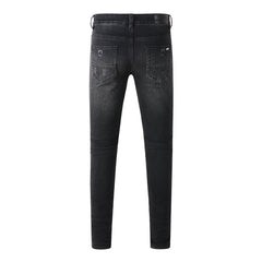 Men's Tight Fit Black Jeans with Paisley Patches and Distressed Details (669-8669)