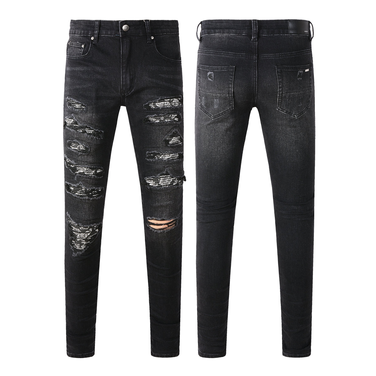 Men's Tight Fit Black Jeans with Paisley Patches and Distressed Details (669-8669)