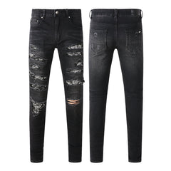 Men's Tight Fit Black Jeans with Paisley Patches and Distressed Details (669-8669)