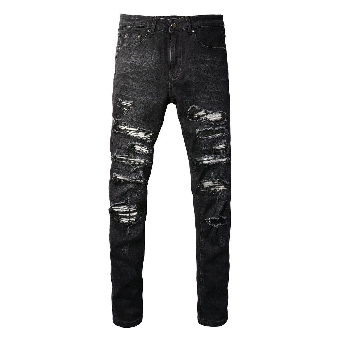 Slim Fit Stretch Black Washed Jeans with Versatile Faux Leather Accents (891-8833)